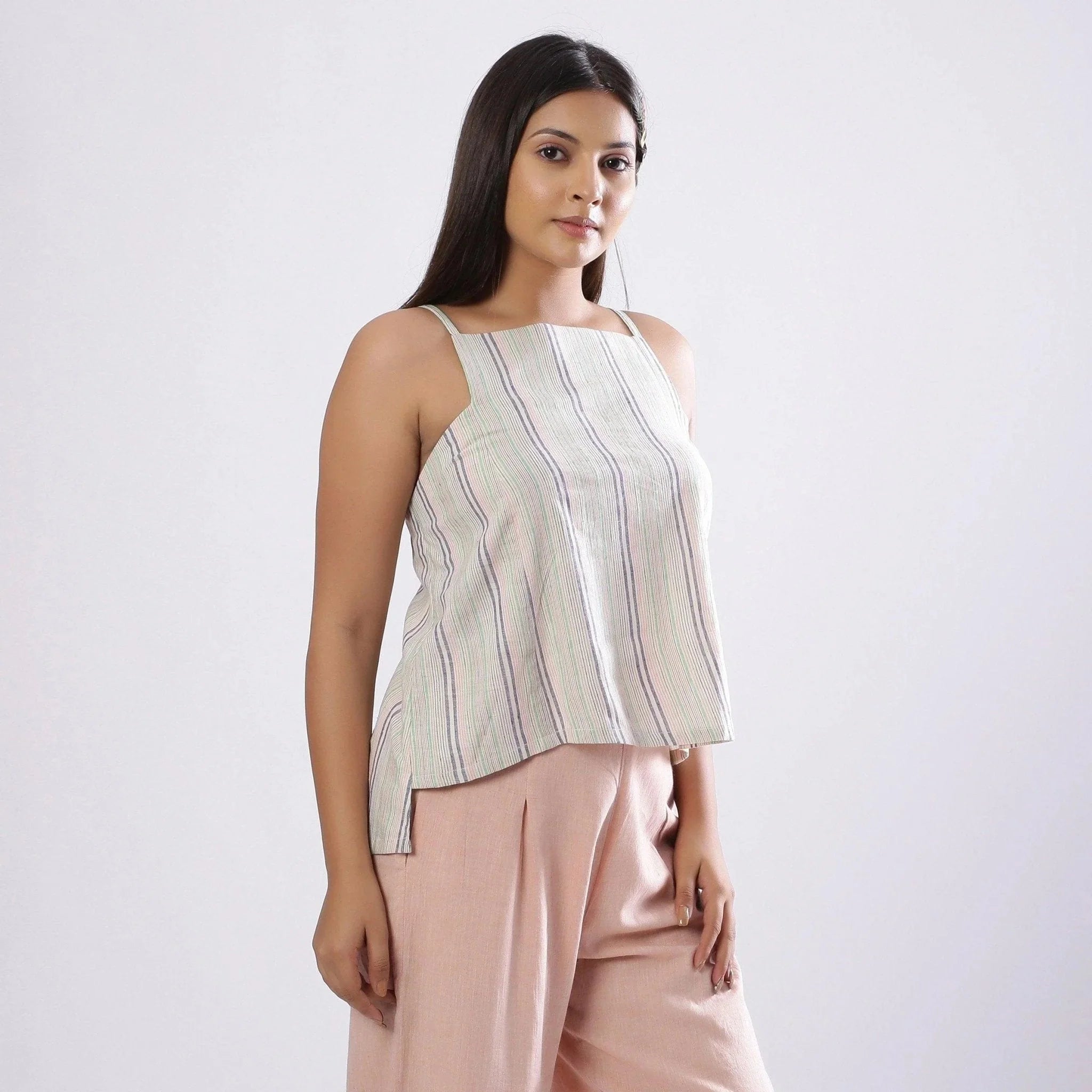 Right View of a Model wearing Striped Handspun Cotton Paneled Top
