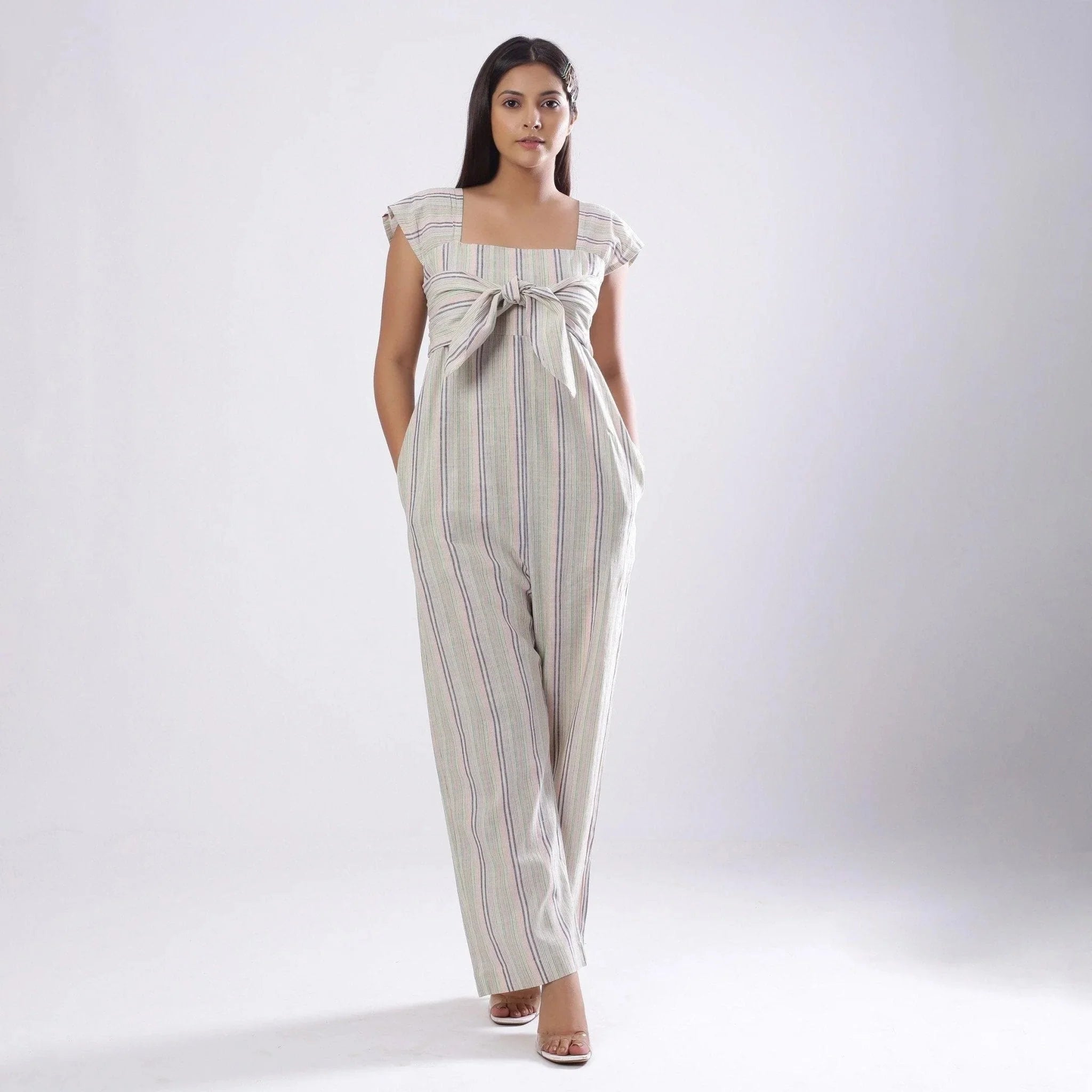 Front View of a Model wearing Striped Handspun Cotton Straight Jumpsuit