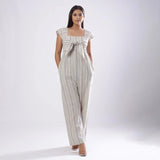 Front View of a Model wearing Striped Handspun Cotton Straight Jumpsuit