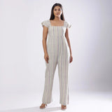 Front View of a Model wearing Striped Handspun Cotton Straight Jumpsuit