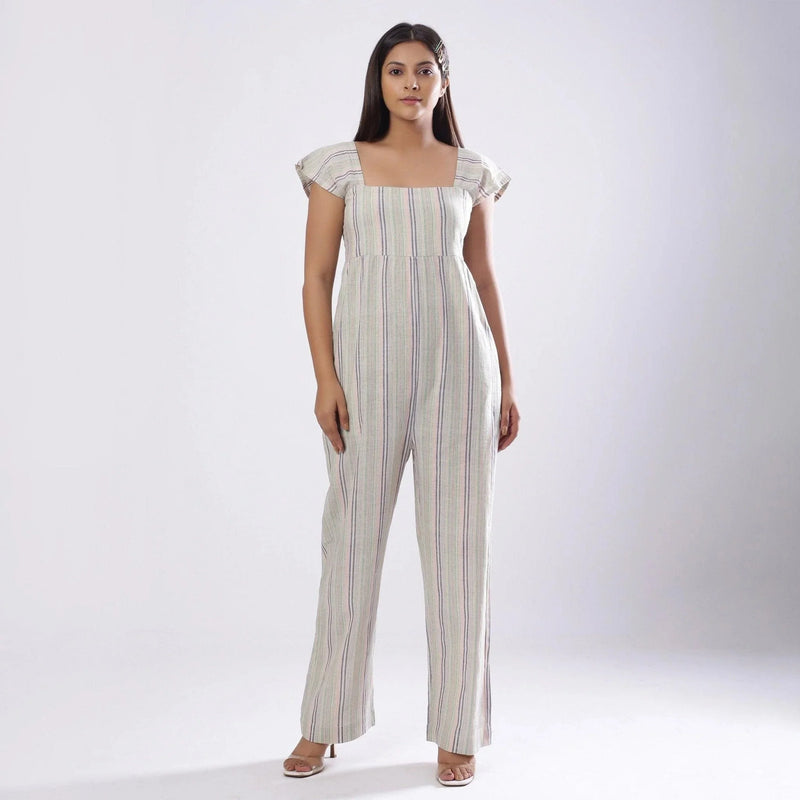 Front View of a Model wearing Striped Handspun Cotton Straight Jumpsuit