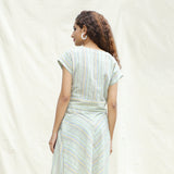 Back View of a Model wearing Multicolor Striped Handspun Cotton V-Neck Blouson Blouse