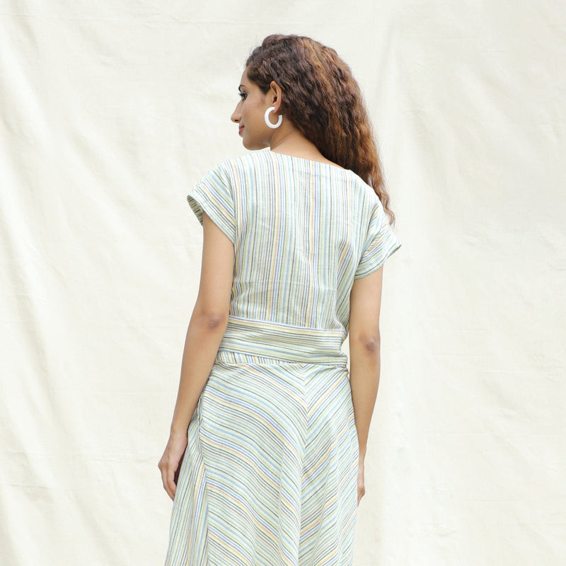 Back View of a Model wearing Multicolor Striped Handspun Cotton V-Neck Blouson Blouse