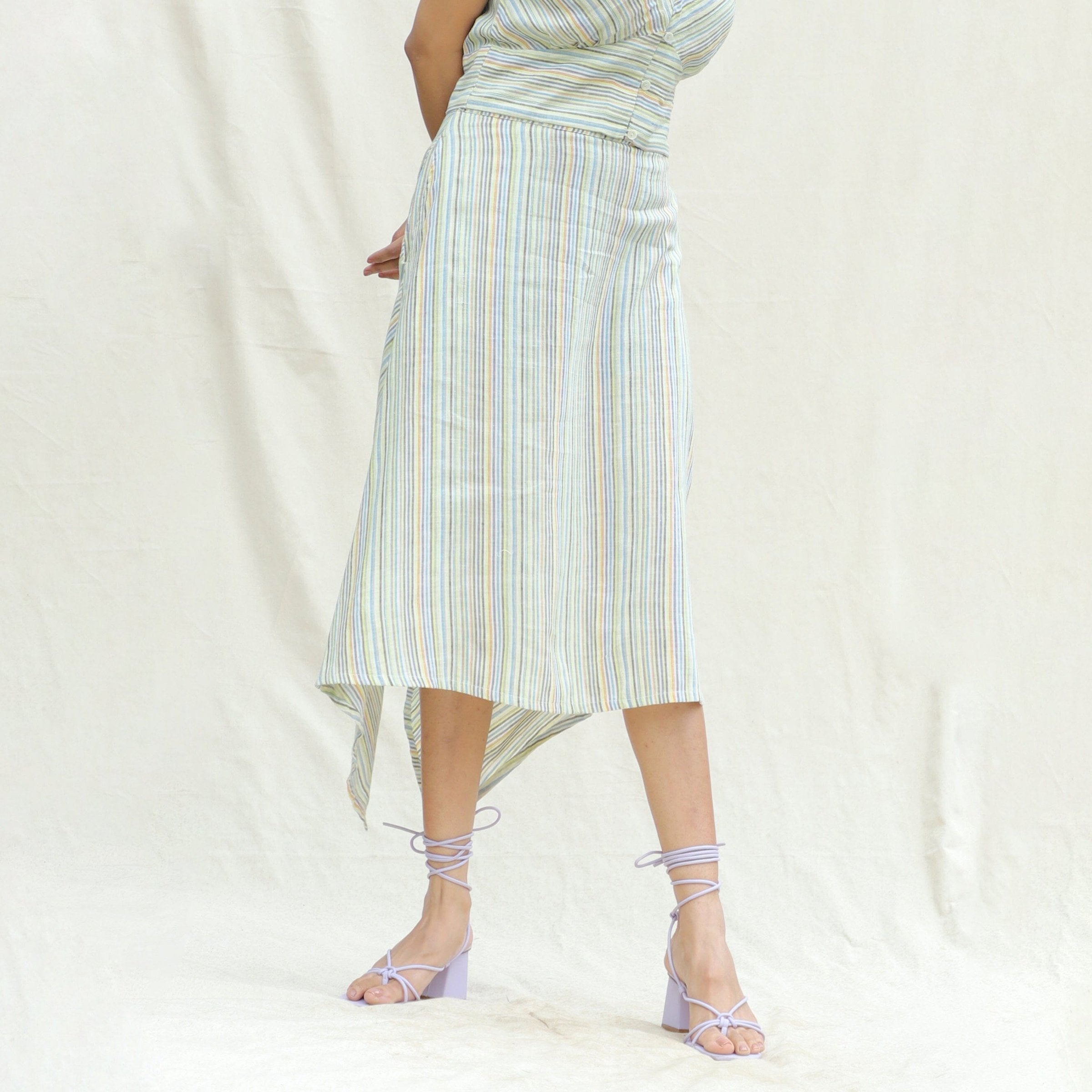Front View of a Model wearing Multicolor Stripes Cotton Back Slit Asymmetric Skirt