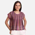 Front View of a Model wearing Multicolor Stripes Handwoven Cotton Top