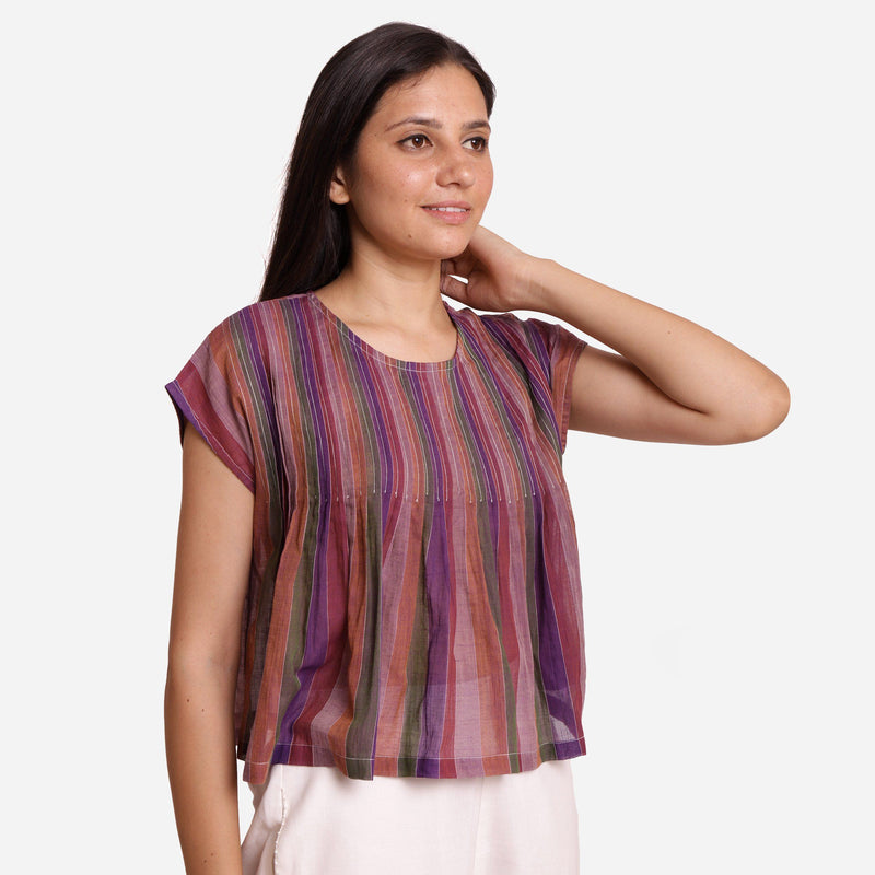 Right View of a Model wearing Multicolor Stripes Handwoven Cotton Top