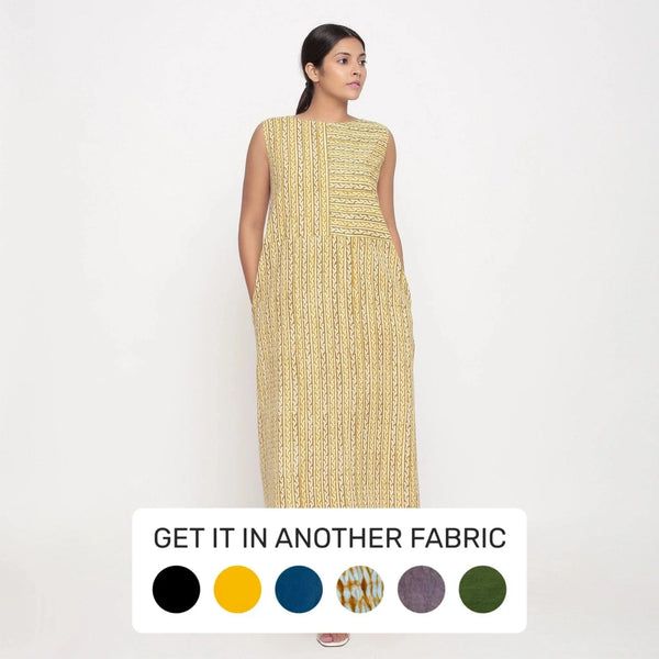 Front View of a Model wearing Mustard Block Print Cotton Shift Maxi Dress