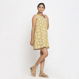 Right View of a Model wearing Bagru Print Mustard Shift Dress