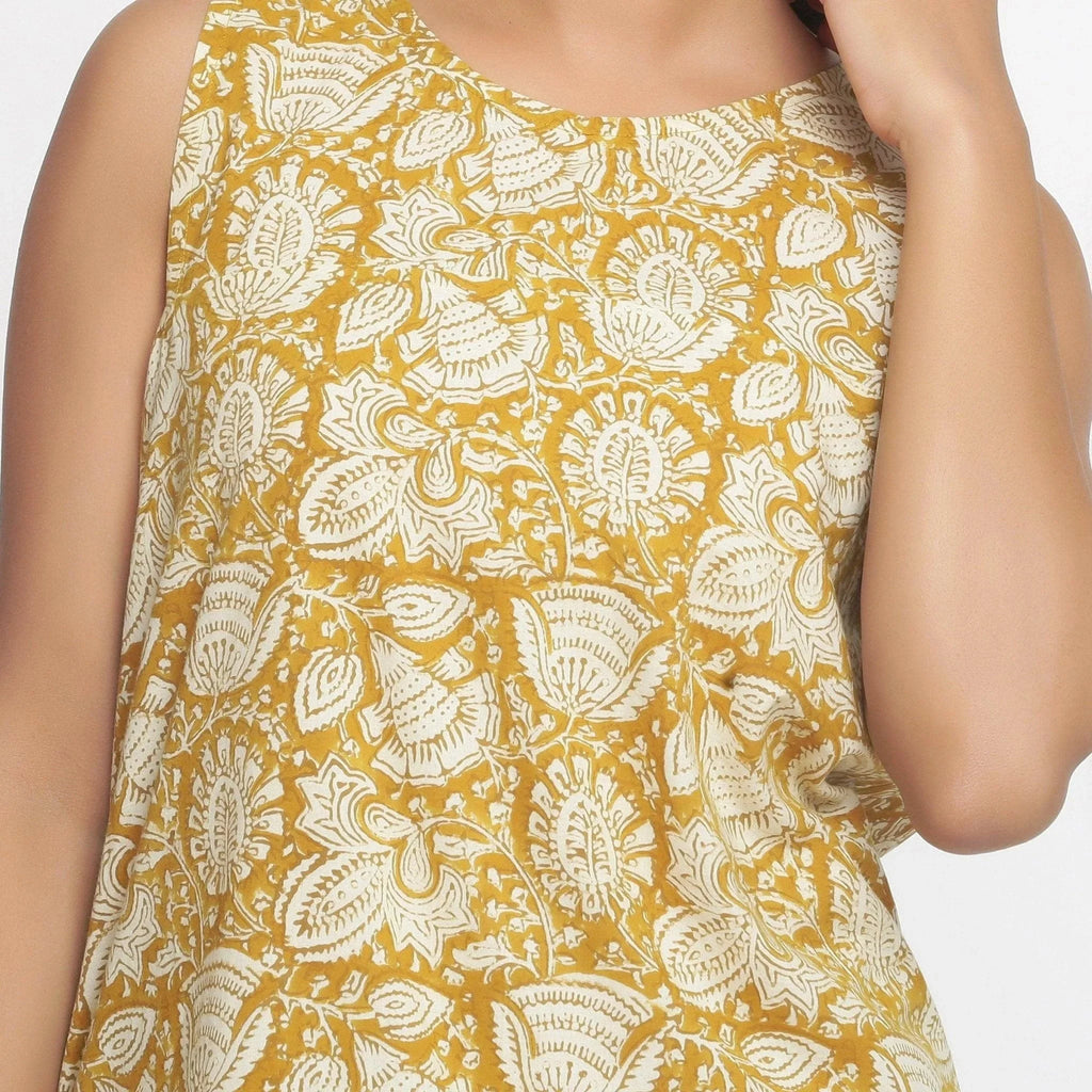Front Detail of a Model wearing Bagru Print Mustard Shift Dress