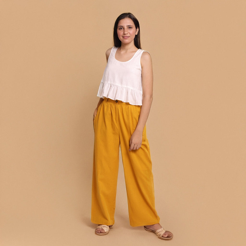 Mustard Cotton Flax Mid-Rise Elasticated Wide Legged Pant