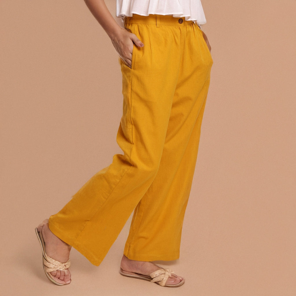 Mustard Cotton Flax Mid-Rise Elasticated Wide Legged Pant