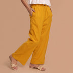 Mustard Cotton Flax Mid-Rise Elasticated Wide Legged Pant