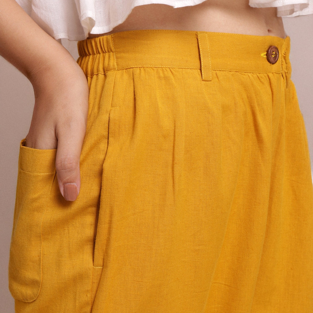Mustard Cotton Flax Mid-Rise Elasticated Wide Legged Pant