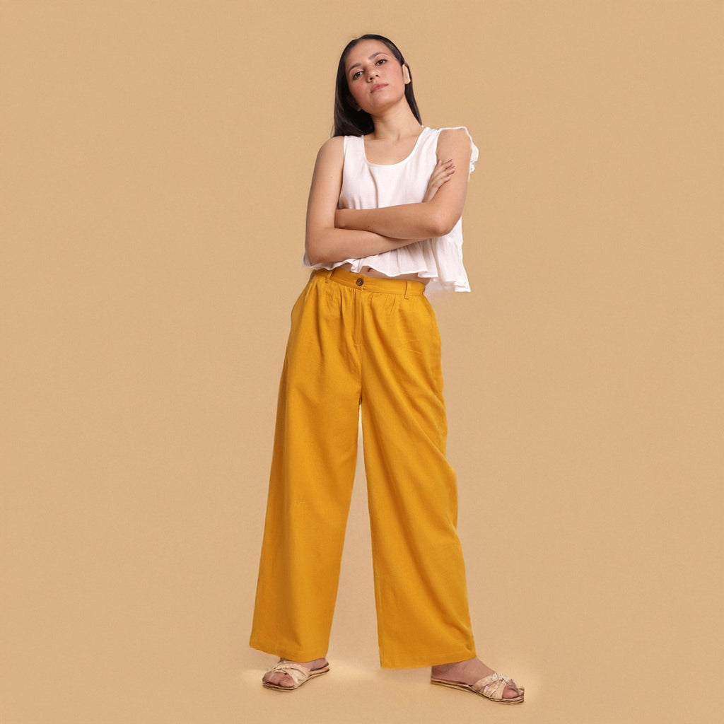 Mustard Cotton Flax Mid-Rise Elasticated Wide Legged Pant