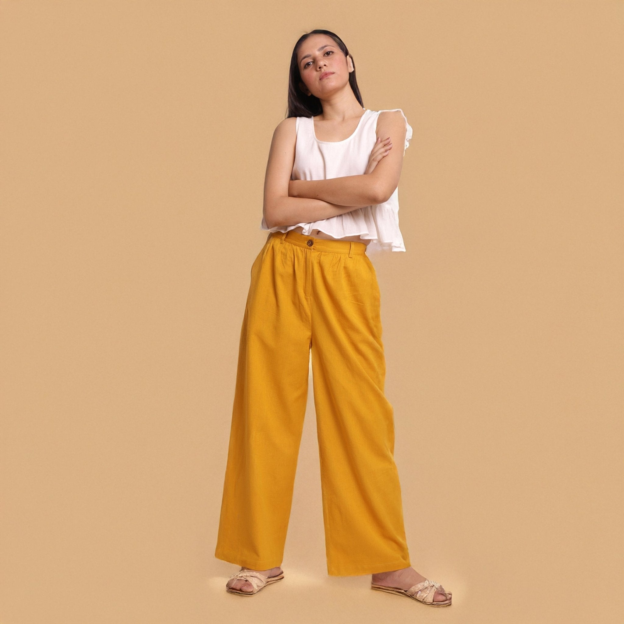 Mustard Cotton Flax Mid-Rise Elasticated Wide Legged Pant