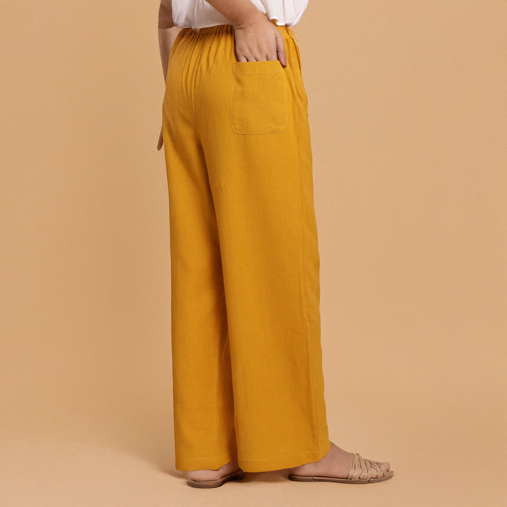 Mustard Cotton Flax Mid-Rise Elasticated Wide Legged Pant