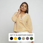 Front View of a Model wearing Mustard Ditsy Block Printed Cotton Straight Top