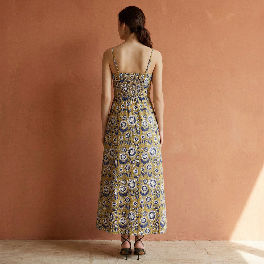 Mustard Floral Block Print Cotton Ankle Length Flared Sundress