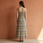 Mustard Floral Block Print Cotton Ankle Length Flared Sundress
