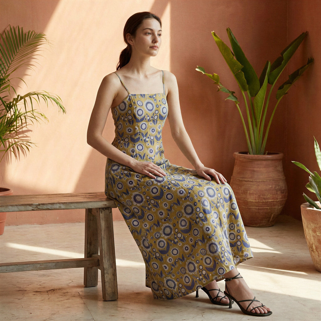 Mustard Floral Block Print Cotton Ankle Length Flared Sundress