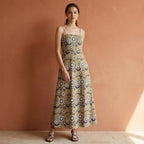 Mustard Floral Block Print Cotton Ankle Length Flared Sundress