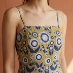 Mustard Floral Block Print Cotton Ankle Length Flared Sundress