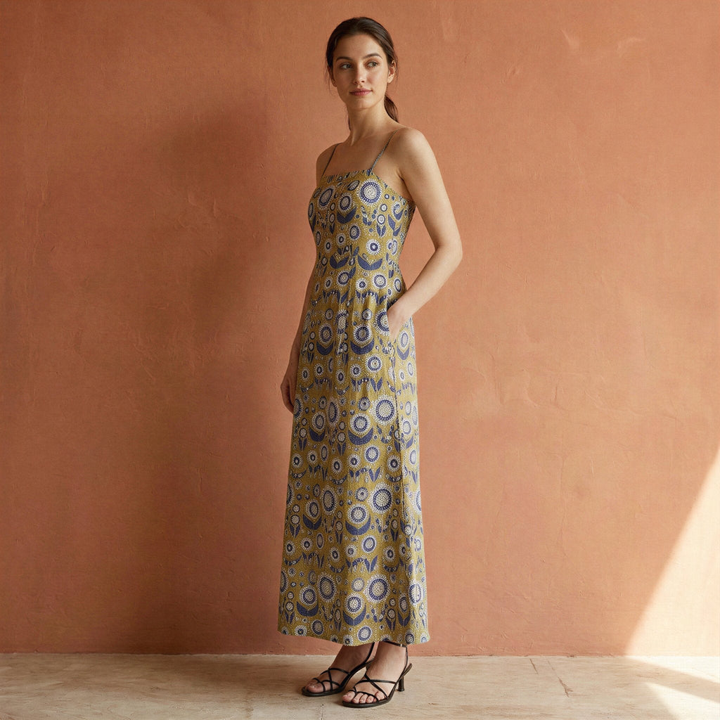 Mustard Floral Block Print Cotton Ankle Length Flared Sundress