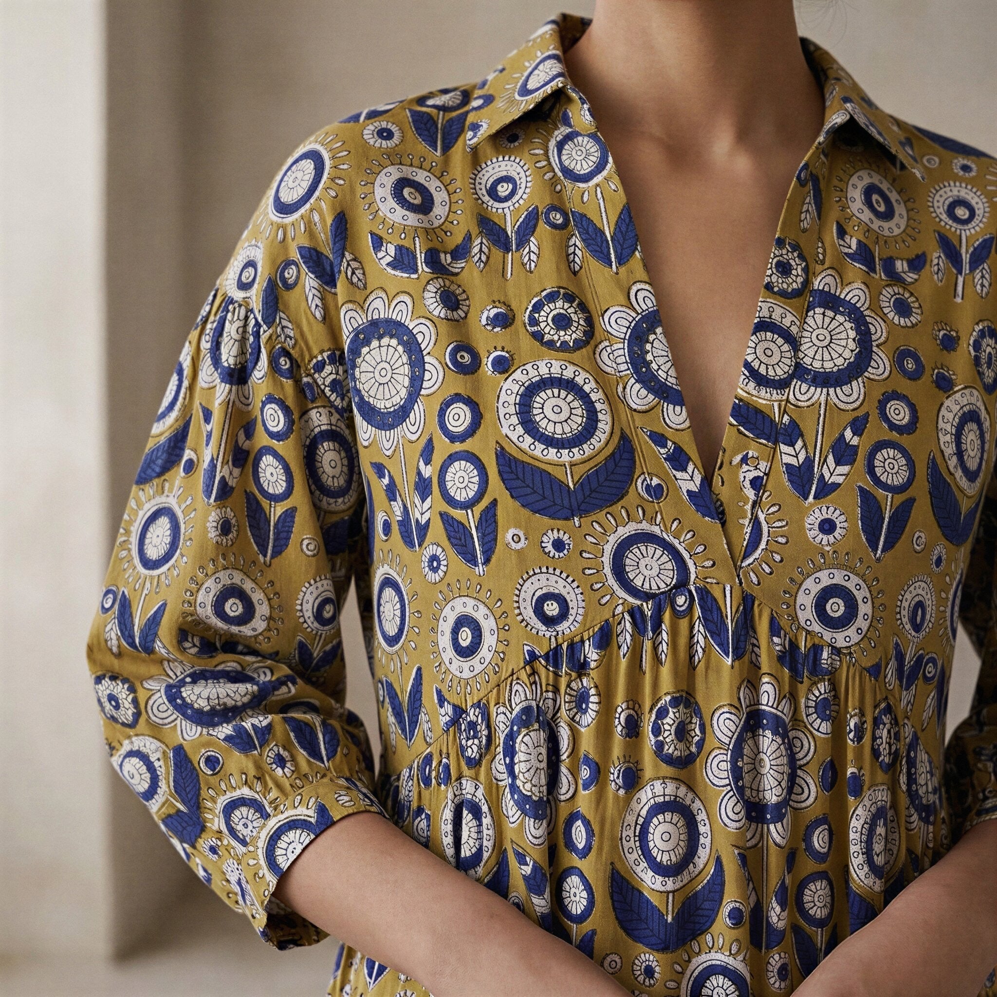 Mustard Floral Block Print Cotton Deep-V Maxi Tier Dress