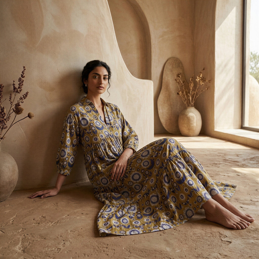 Mustard Floral Block Print Cotton Deep-V Maxi Tier Dress