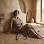 Mustard Floral Block Print Cotton Deep-V Maxi Tier Dress