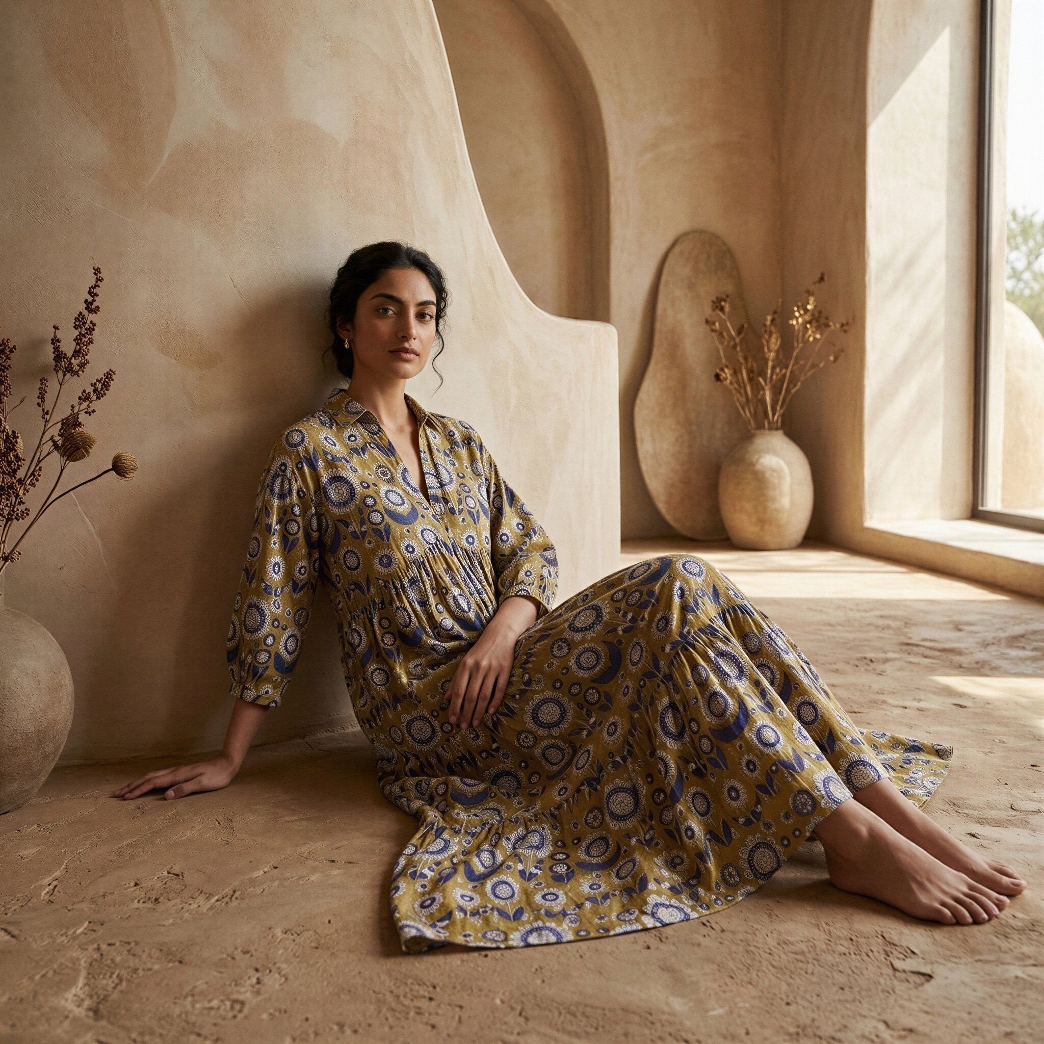 Mustard Floral Block Print Cotton Deep-V Maxi Tier Dress