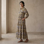 Mustard Floral Block Print Cotton Deep-V Maxi Tier Dress