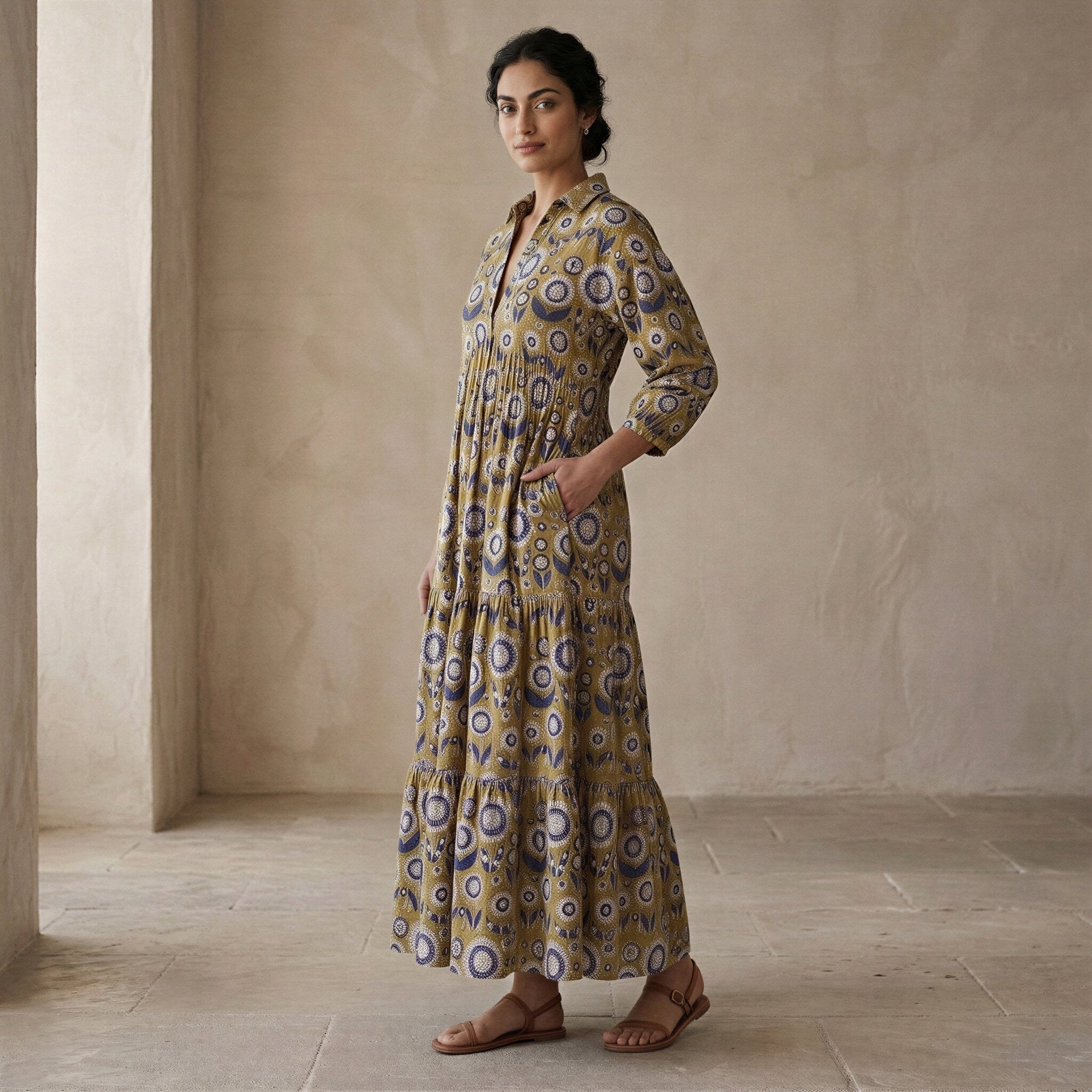 Mustard Floral Block Print Cotton Deep-V Maxi Tier Dress