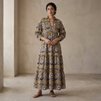 Mustard Floral Block Print Cotton Deep-V Maxi Tier Dress