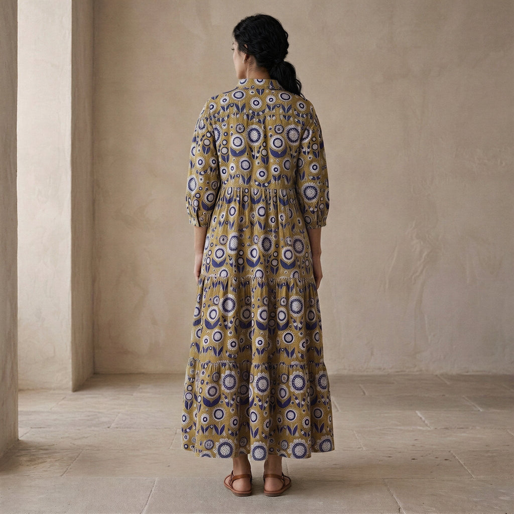 Mustard Floral Block Print Cotton Deep-V Maxi Tier Dress