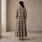 Mustard Floral Block Print Cotton Deep-V Maxi Tier Dress