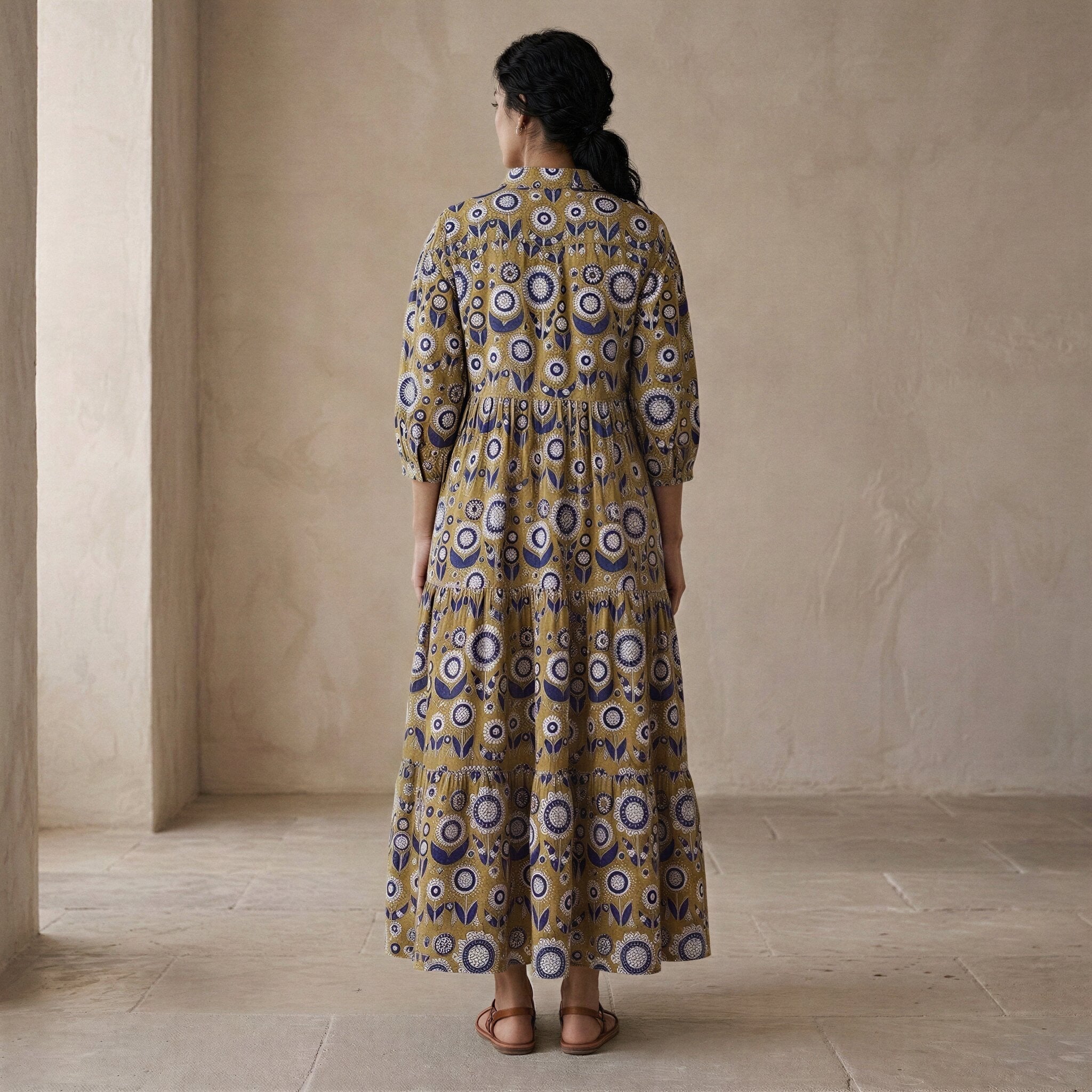 Mustard Floral Block Print Cotton Deep-V Maxi Tier Dress