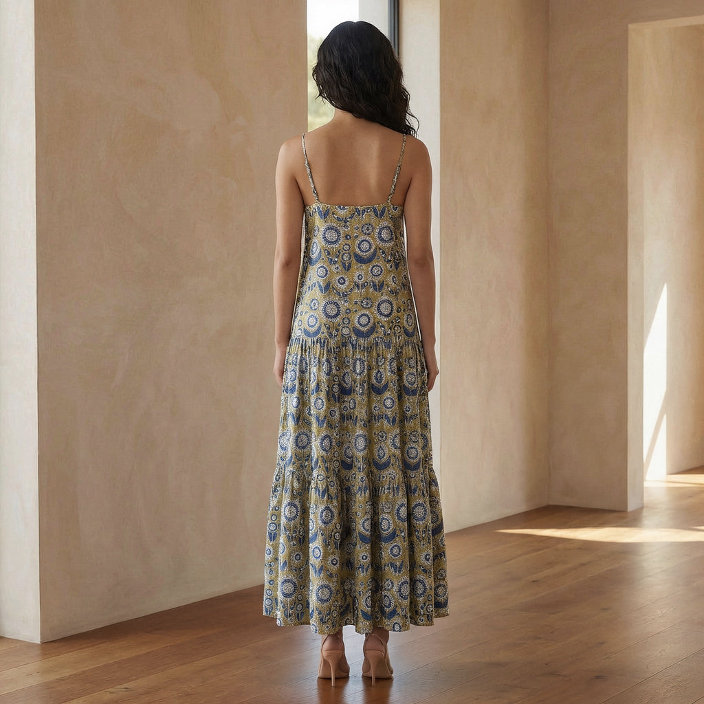 Mustard Floral Block Print Cotton Drop-Waist Camisole Maxi Tier Dress