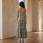 Mustard Floral Block Print Cotton Drop-Waist Camisole Maxi Tier Dress