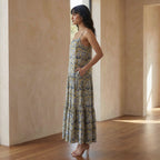 Mustard Floral Block Print Cotton Drop-Waist Camisole Maxi Tier Dress