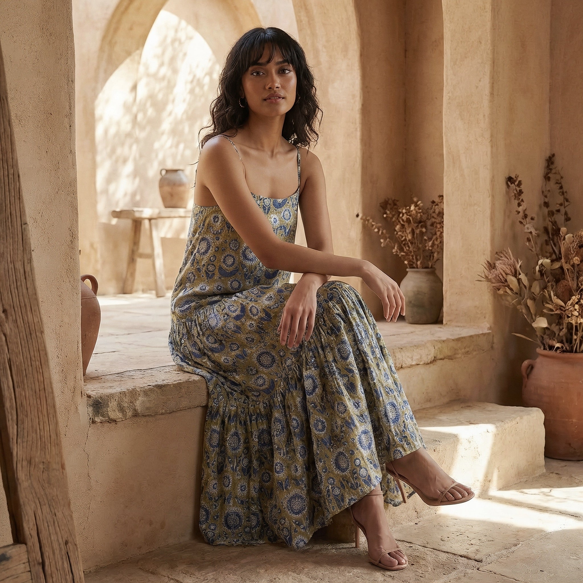 Mustard Floral Block Print Cotton Drop-Waist Camisole Maxi Tier Dress