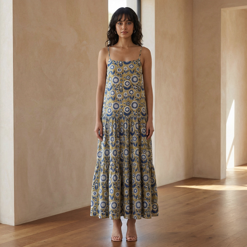 Mustard Floral Block Print Cotton Drop-Waist Camisole Maxi Tier Dress