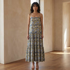 Mustard Floral Block Print Cotton Drop-Waist Camisole Maxi Tier Dress