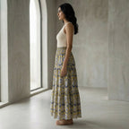 Mustard Floral Block Print Cotton Elasticated Maxi Tier Skirt