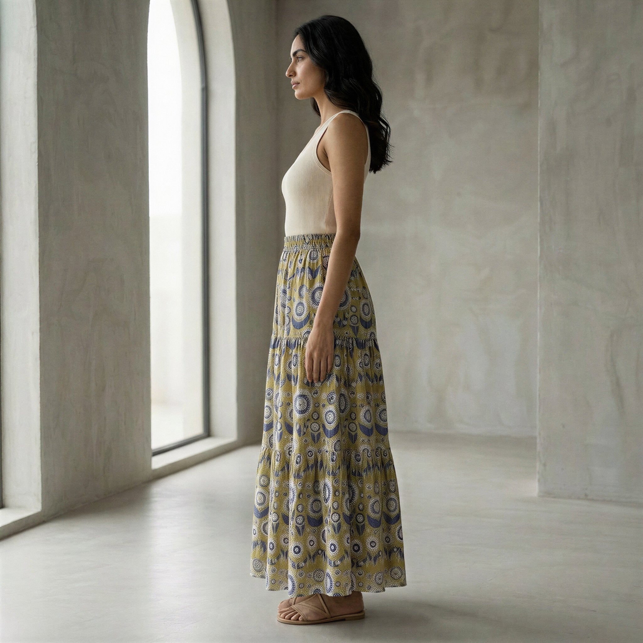 Mustard Floral Block Print Cotton Elasticated Maxi Tier Skirt