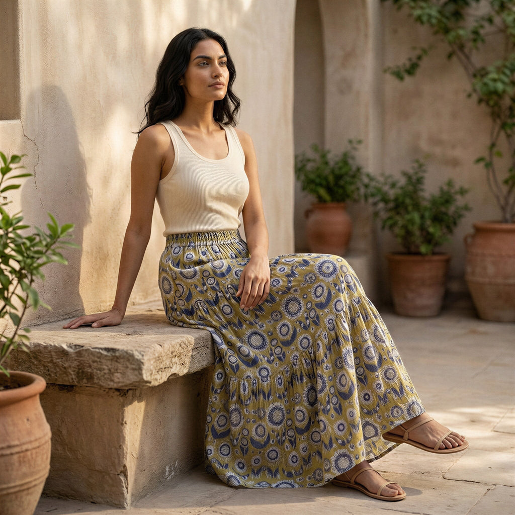 Mustard Floral Block Print Cotton Elasticated Maxi Tier Skirt
