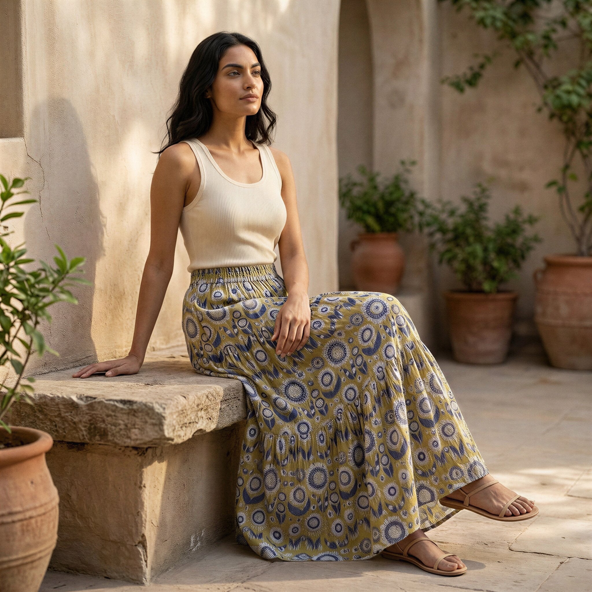 Mustard Floral Block Print Cotton Elasticated Maxi Tier Skirt