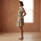 Mustard Floral Block Print Cotton Elasticated Short Tier Dress