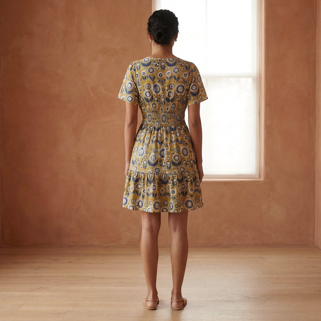 Mustard Floral Block Print Cotton Elasticated Short Tier Dress
