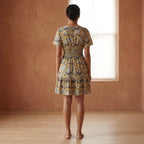 Mustard Floral Block Print Cotton Elasticated Short Tier Dress